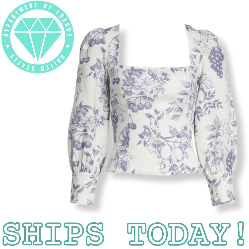 REFORMATION Stilton Top Carla Floral Blue Toile de Jouy Puff Sleeve Bridgerton